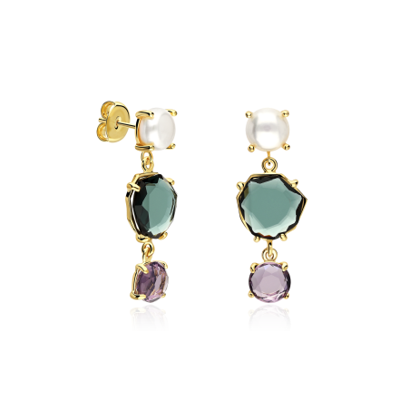 Pendientes Plata baño Perla y piedra "Naru"
