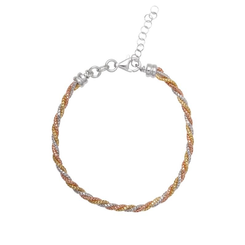 Pulsera plata baño oro tricolor 18k rizada