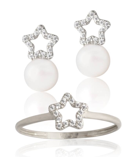 Conjunto "Angels" estrellitas caladas oro blanco 18k y circonitas