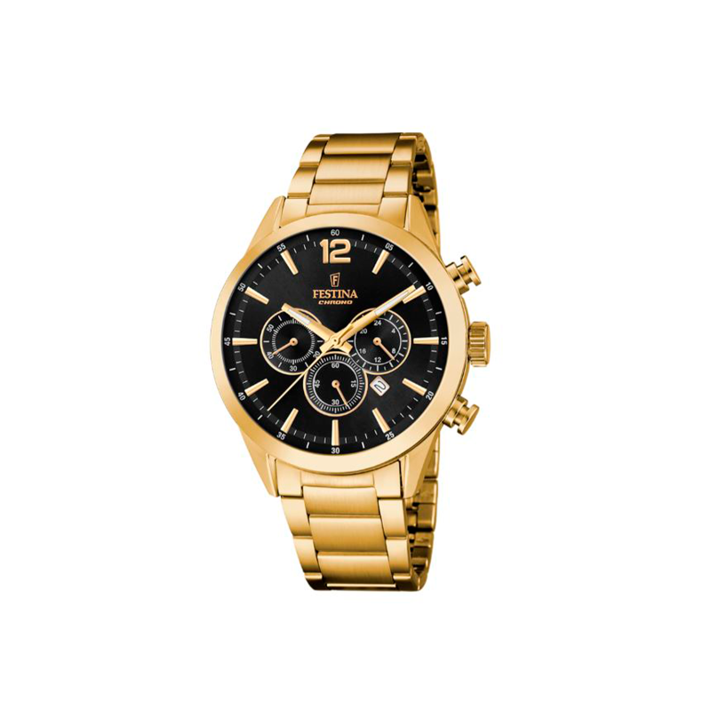 Reloj Festina Acero Dorado Timeless Chronograp Esfera Negra F20633/4