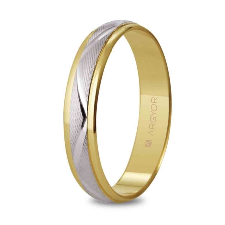 Alianza de boda bicolor oro blanco y amarillo 9k estriada 4 mm