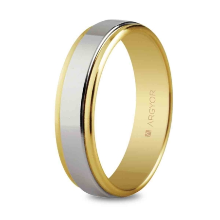 Alianza de boda bicolor oro amarillo y blanco 9k diseño brillante 5 mm