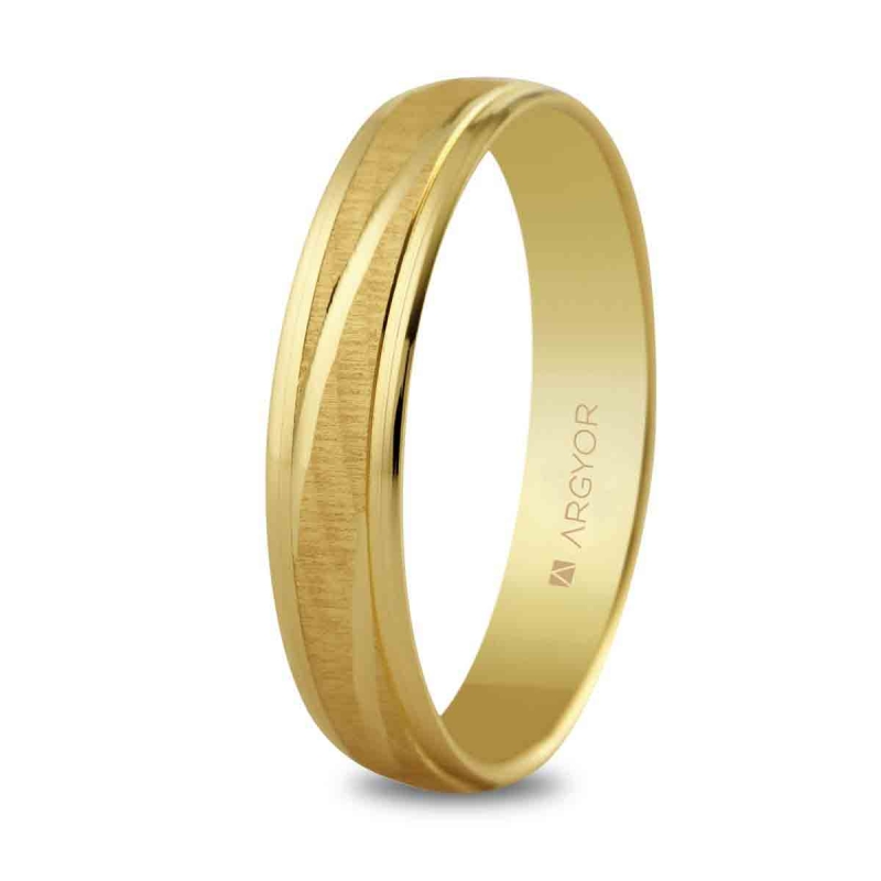 Alianza de boda oro amarillo 9k satinado con franjas diagonales