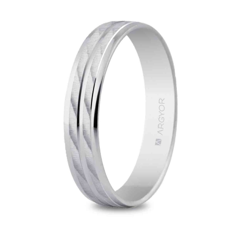 Alianza de boda oro blanco 9k bandas satinadas diagonales 4 mm