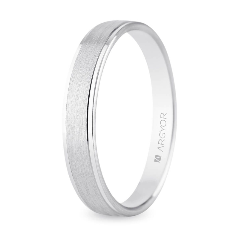 Alianza de boda oro blanco 9k satinado doble y brillo lateral