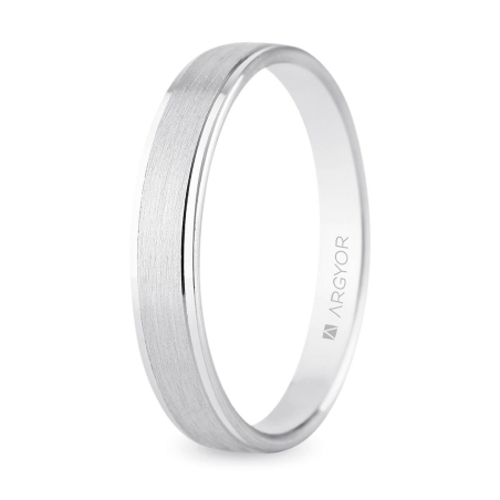 Alianza de boda oro blanco 9k satinado doble y brillo lateral