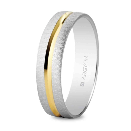 Alianza de boda bicolor oro blanco y amarillo 9k textura lateral y brillo central 4 mm
