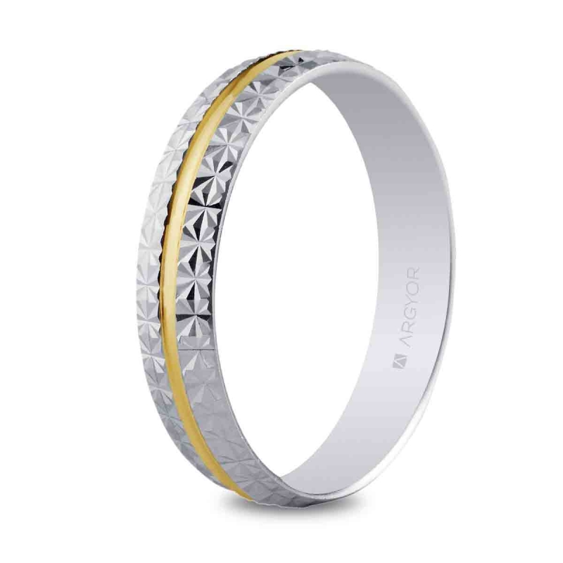 Alianza de boda bicolor oro blanco y amarillo 9k diamantada brillante 4 mm