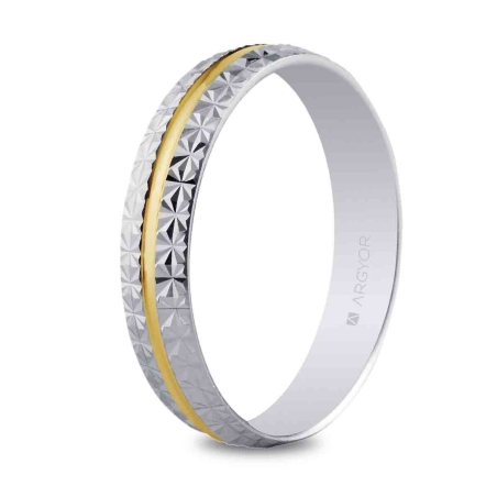 Alianza de boda bicolor oro blanco y amarillo 9k diamantada brillante 4 mm