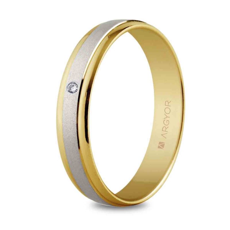 Alianza de boda bicolor oro blanco y amarillo 9k con diamante 4 mm
