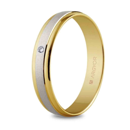 Alianza de boda bicolor oro blanco y amarillo 9k con diamante 4 mm