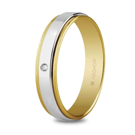 Alianza de boda bicolor oro amarillo y blanco 9k con diamante 5 mm