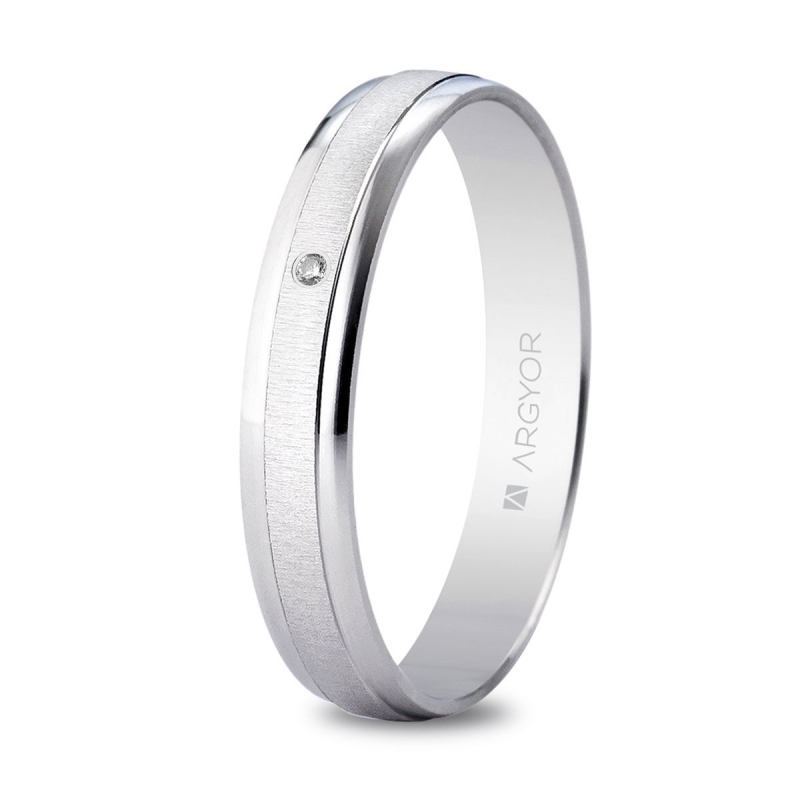 Alianza de boda oro blanco 9k rayada suave con biseles y diamante