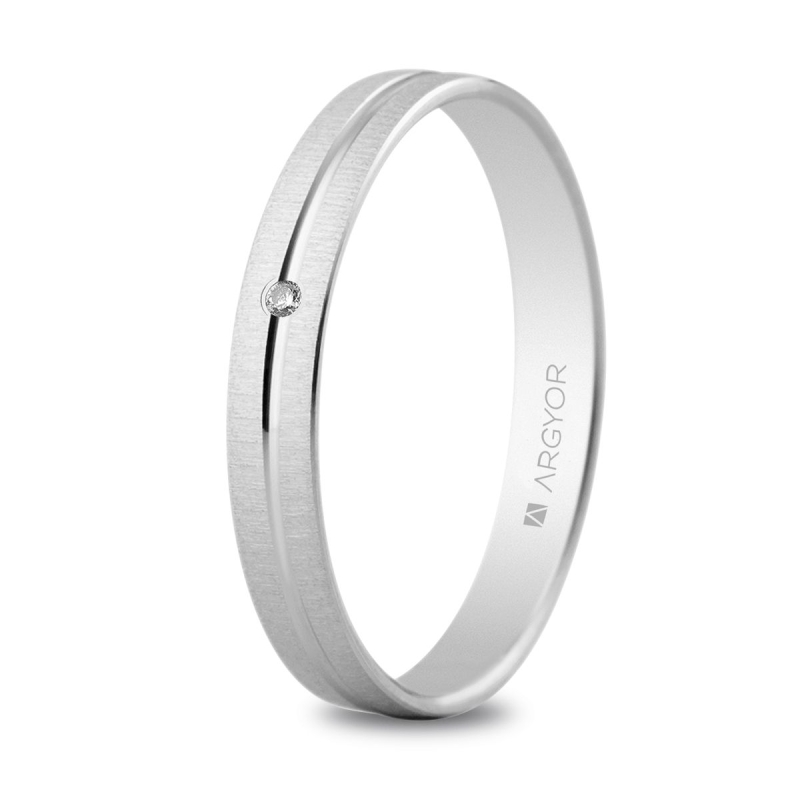 Alianza de boda oro blanco 9k rayado fino con diamante