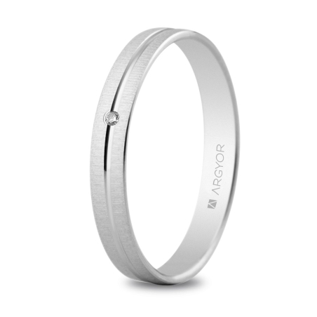Alianza de boda oro blanco 9k rayado fino con diamante