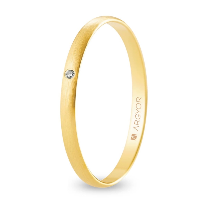 Alianza de boda oro amarillo 9k acabado satinado con diamante interior plano 2 mm