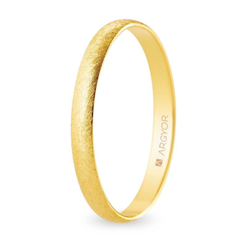 Alianza de boda media caña oro amarillo 9k acabado hielo interior plano 2.5 mm