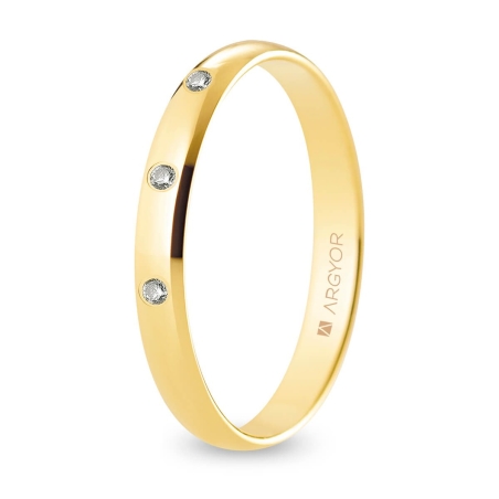 Alianza de boda oro amarillo 9k acabado pulido con tres diamantes 3 mm