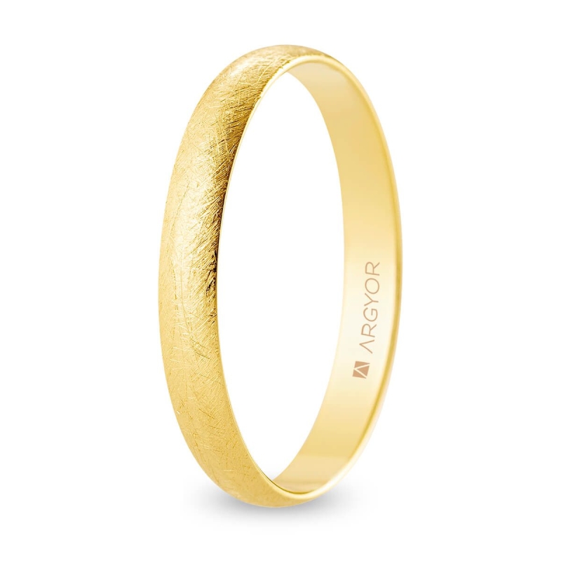Alianza de boda media caña oro amarillo 18k acabado hielo interior plano 3 mm