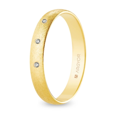 Alianza de boda oro amarillo 9k acabado hielo con tres diamantes interior plano 3.5 mm