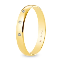 Alianza de boda oro amarillo 9k acabado pulido con tres diamantes interior plano 3.5 mm