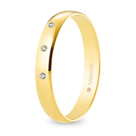 Alianza de boda oro amarillo 9k acabado pulido con tres diamantes interior plano 3.5 mm