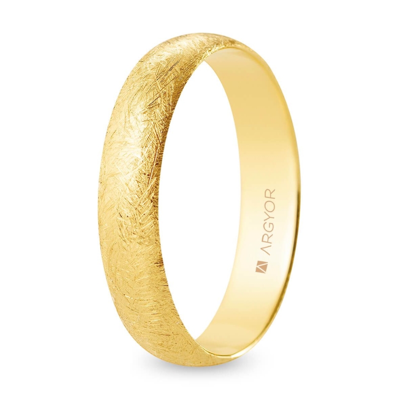 Alianza de boda media caña oro amarillo 18k acabado hielo 4.5 mm