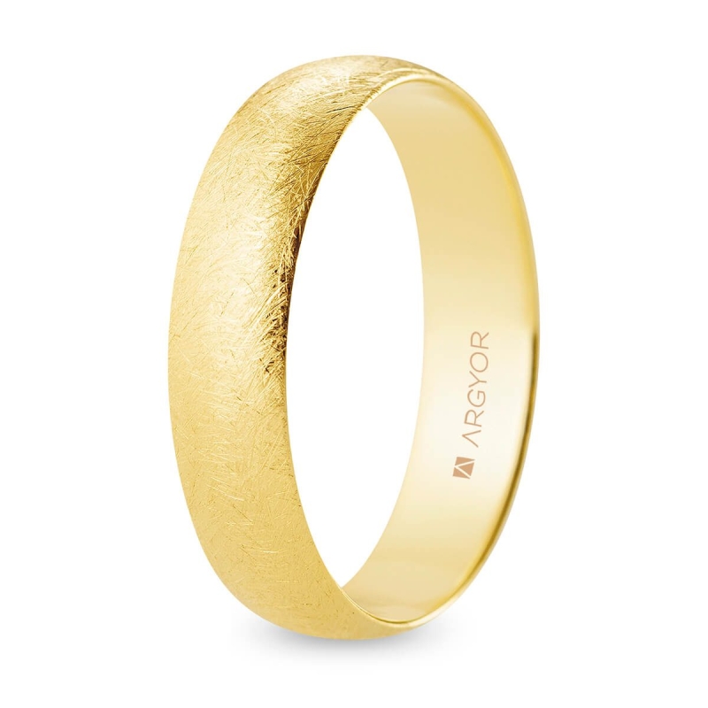 Alianza de boda media caña oro amarillo 18k acabado hielo 5 mm
