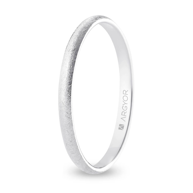 Alianza de boda media caña oro blanco 18k acabado hielo 2 mm