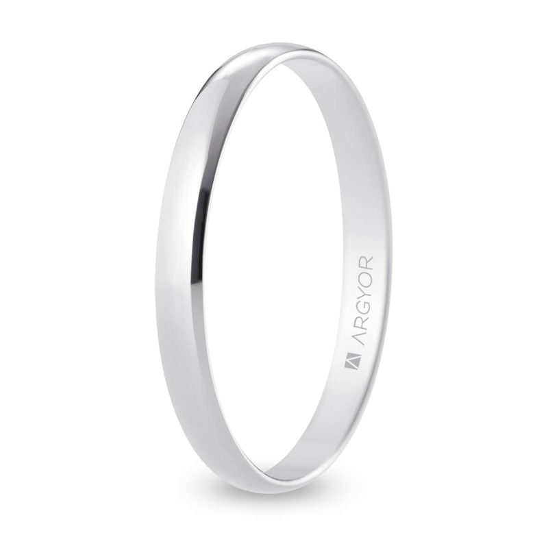 Alianza de boda media caña oro blanco 18k acabado pulido interior plano 2.5 mm