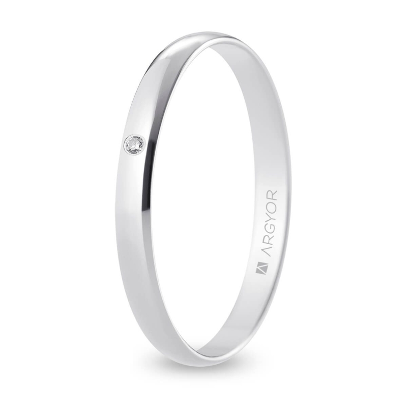 Alianza de boda oro blanco 9k acabado pulido con diamante interior plano 2.5 mm