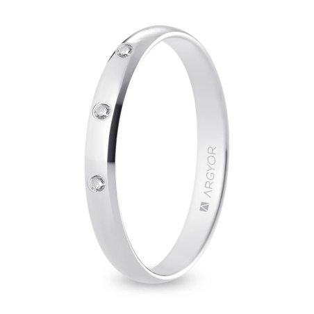 Alianza de boda oro blanco 9k acabado pulido con tres diamantes 3 mm