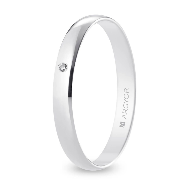 Alianza de boda oro blanco 9k acabado pulido con diamante interior plano 3 mm