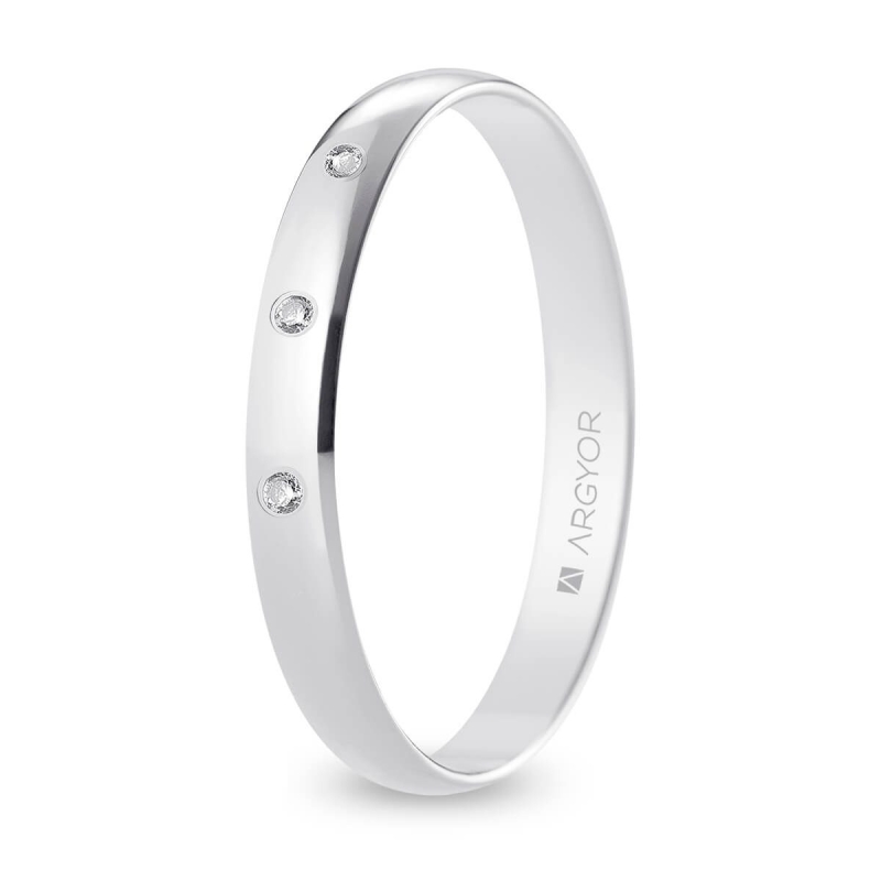 Alianza de boda oro blanco 9k acabado pulido con tres diamantes interior plano 3 mm