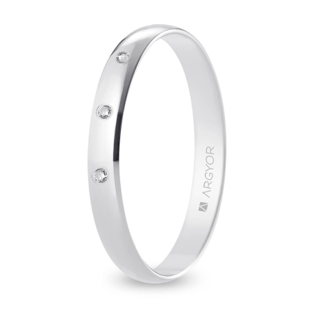 Alianza de boda oro blanco 9k acabado pulido con tres diamantes interior plano 3 mm
