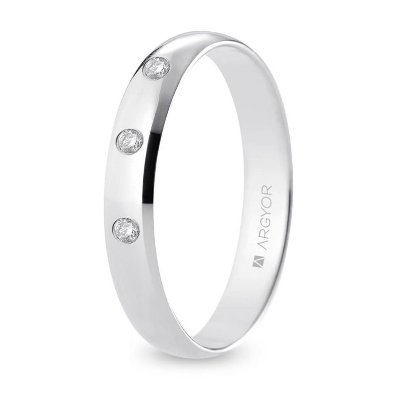 Alianza de boda oro blanco 9k acabado pulido con tres diamantes 3.5 mm