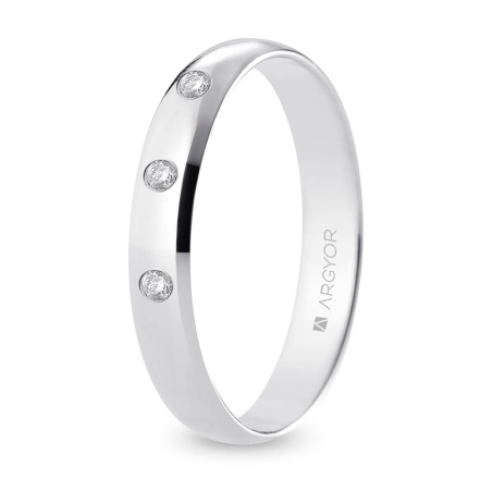 Alianza de boda oro blanco 9k acabado pulido con tres diamantes 3.5 mm