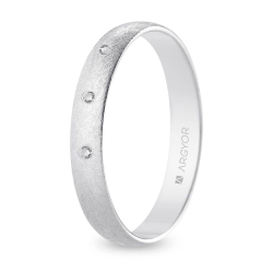 Alianza de boda oro blanco 9k acabado hielo con tres diamantes interior plano 3.5 mm
