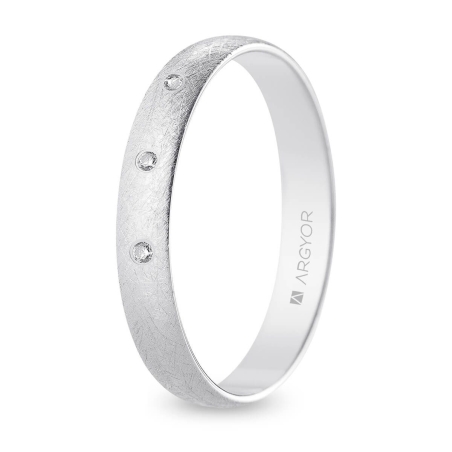 Alianza de boda oro blanco 9k acabado hielo con tres diamantes interior plano 3.5 mm