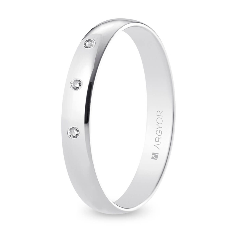 Alianza de boda oro blanco 9k acabado pulido con tres diamantes interior plano 3.5 mm