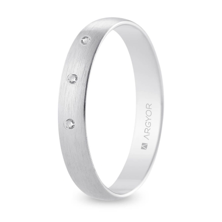 Alianza de boda oro blanco 9k acabado satinado con tres diamantes interior plano 3.5 mm