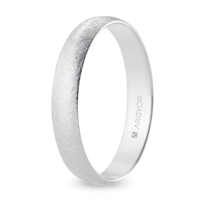 Alianza de boda media caña oro blanco 18k acabado hielo 4 mm