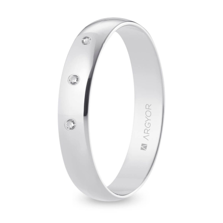 Alianza de boda oro blanco 9k acabado pulido con tres diamantes interior plano 4 mm