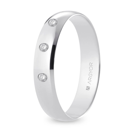 Alianza de boda oro blanco 9k acabado pulido con tres diamantes 4.5 mm