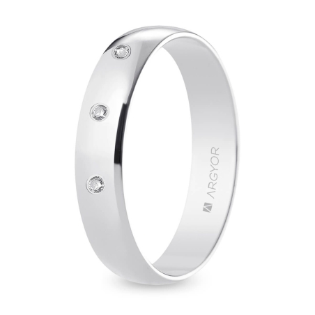 Alianza de boda oro blanco 9k acabado pulido con tres diamantes interior plano 4.5 mm