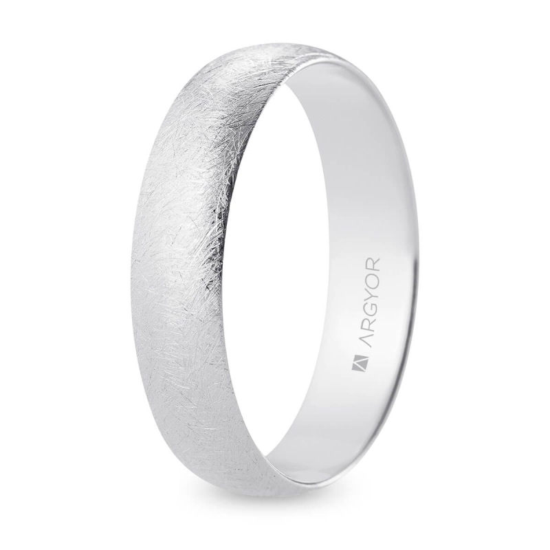 Alianza de boda media caña oro blanco 18k acabado hielo 5 mm