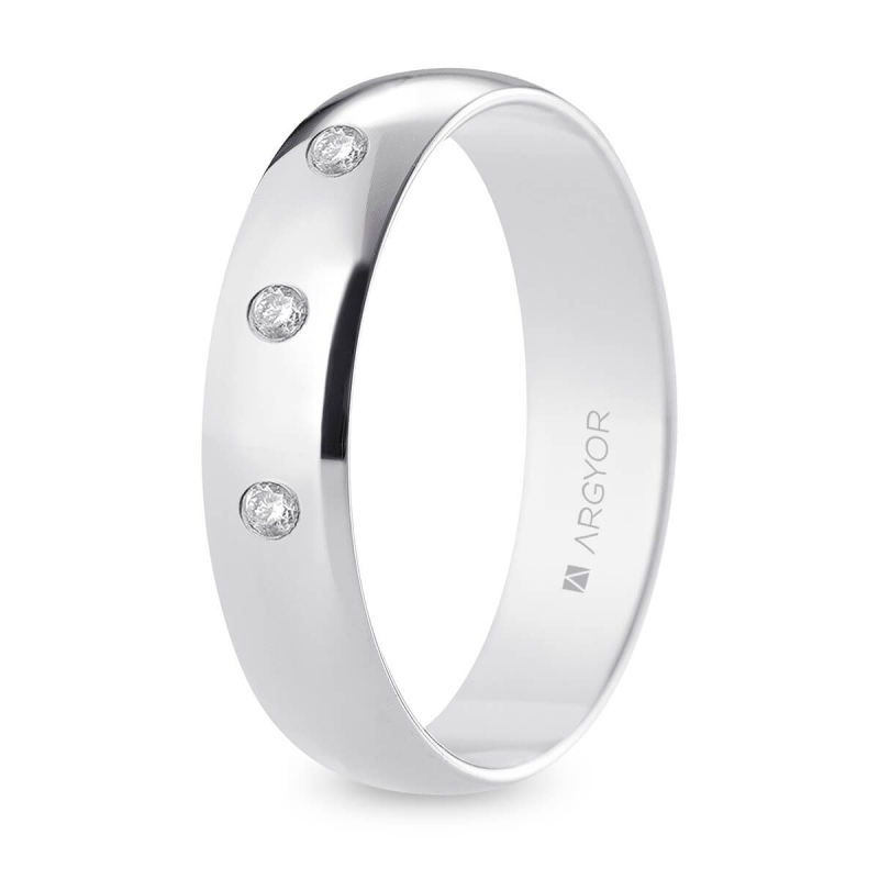 Alianza de boda oro blanco 9k acabado pulido con tres diamantes interior plano 5 mm