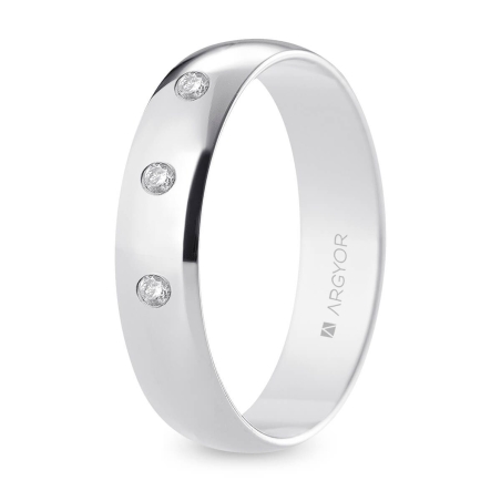 Alianza de boda oro blanco 9k acabado pulido con tres diamantes interior plano 5 mm