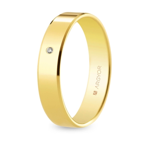 Alianza de boda oro amarillo 9k biselada con diamante talla brillante 4 mm