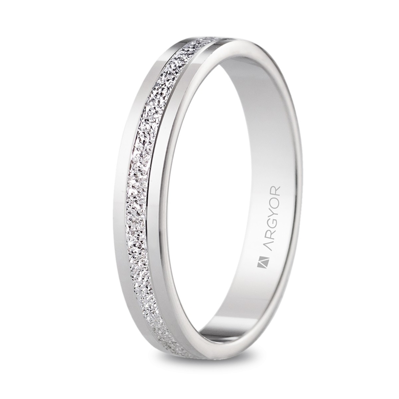 Alianza de boda oro blanco 9k plana acabado diamantado 3.5 mm